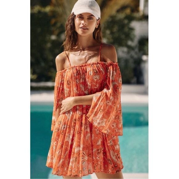 NEW By Anthropologie Pleated Off-The-Shoulder Swim Cover-Up Mini Dress Small - Picture 1 of 4